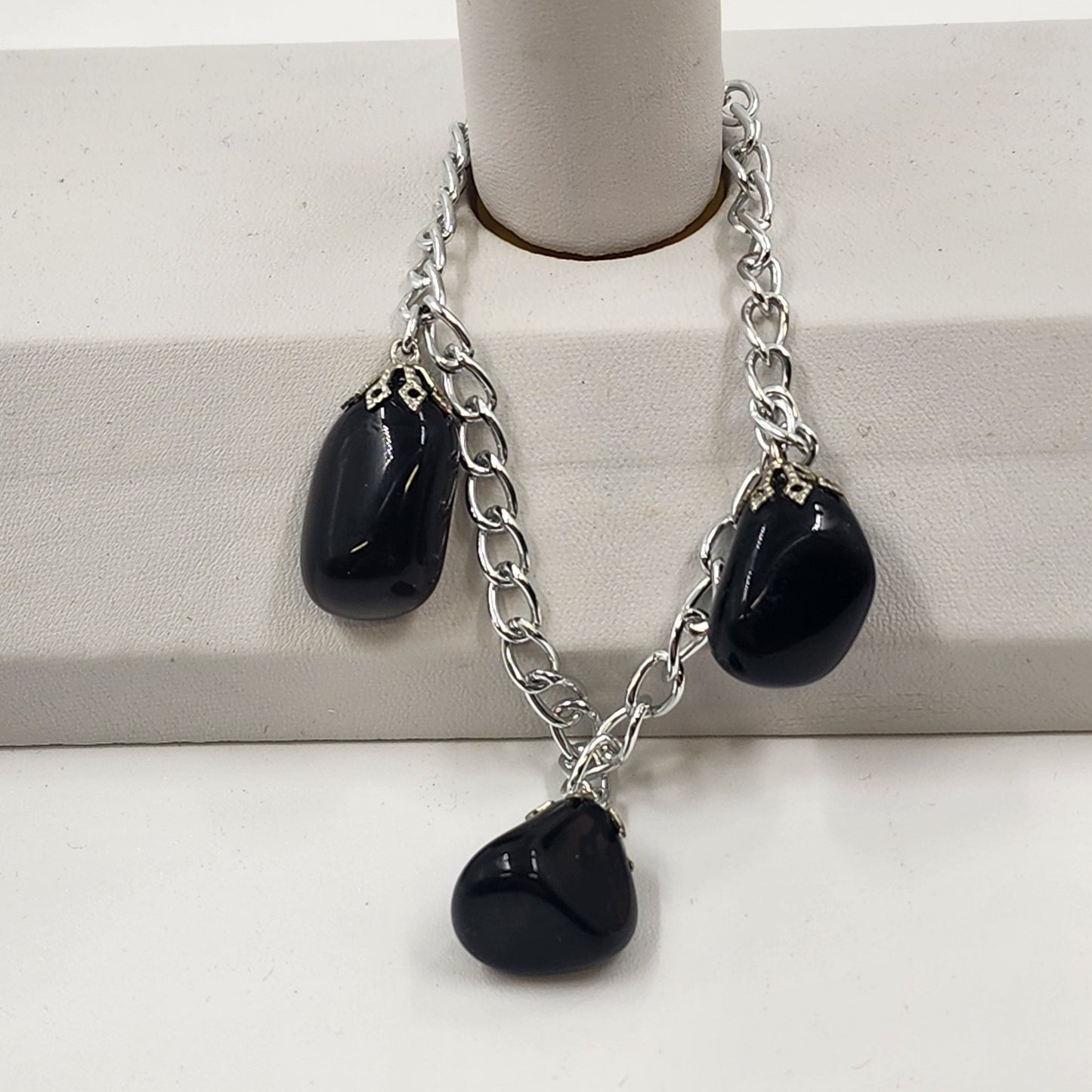 Polished Charm Black Amethyst Silver Tone Bracelet 8" Chain Aluminum Link