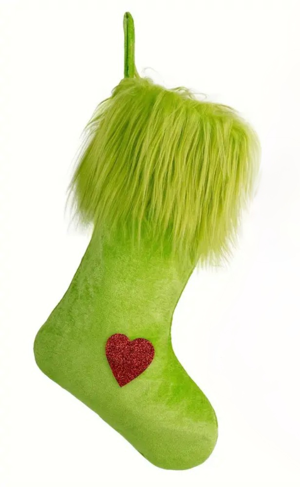 Green Grinchy Christmas Stocking 18" Red Heart Glitter Fuzzy Holiday Decor