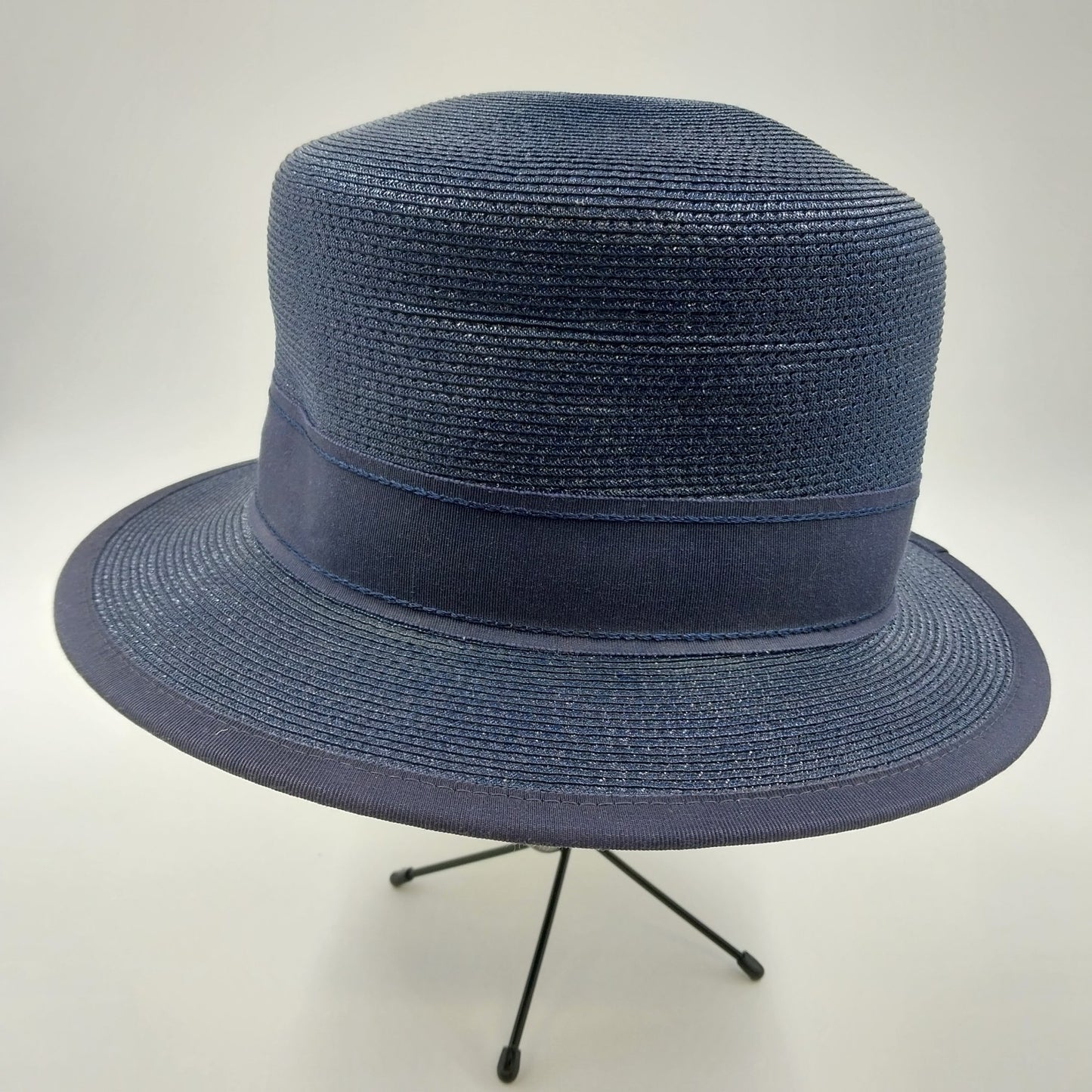 Navy Blue Hemp Braid Tall Crown Straw Fedora Summer Hat w Grosgrain Ribbon Bow