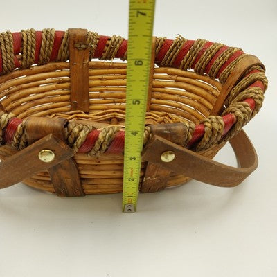Wood Rattan Picnic Fruit Basket Swivel Handle Woven Red Rim 11x8.5"