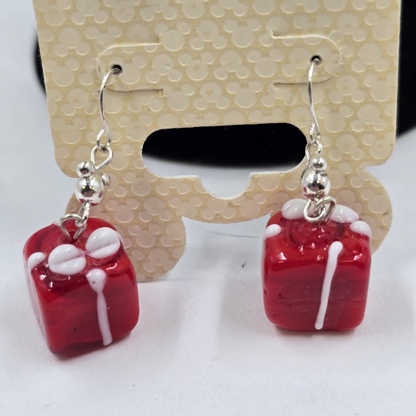 2 Earrings Silver Tone Red Faux Pearl Bead Drop & Disney Red Present Gift Dangle