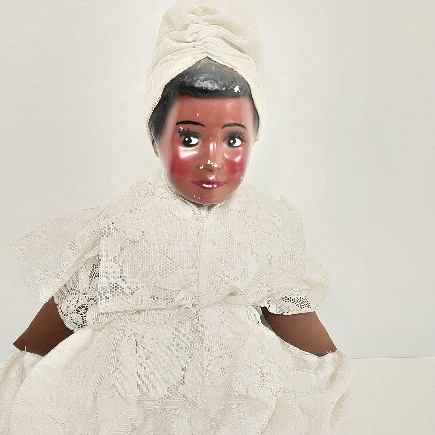 Black Chalkware Bust Bride Doll Hand Made Stuffed Body Lace Dress 28"