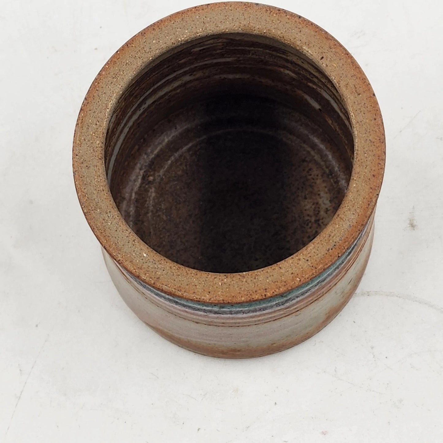 Handcrafted Speckled Stoneware Pottery Lidded Jar w Ribbon Handle Rustic Decor