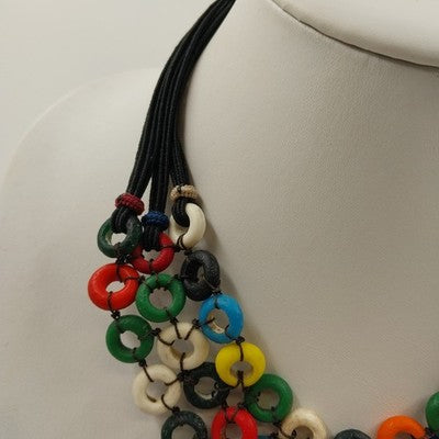Boho Necklace Multicolor Disc Netting Statement Acrylic Cord Ball Loop Closure