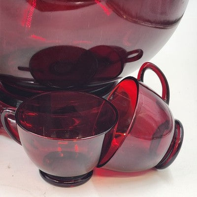 Royal Ruby Red Glass Punch Bowl 23 Cups and Stand Set by Anchor Hocking