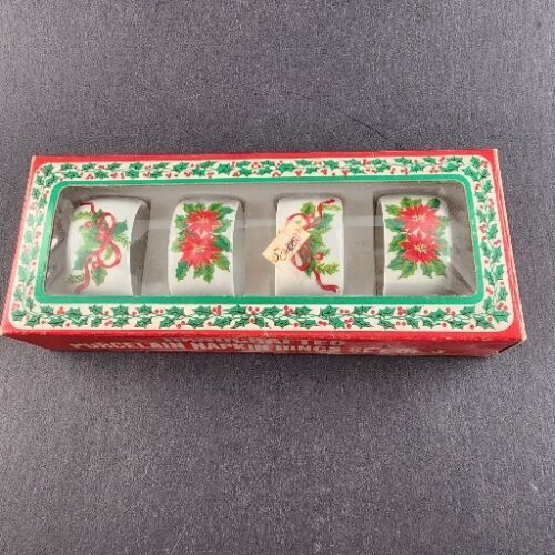Handcrafted Porcelain Christmas Napkin Rings NOS Set of 4 Poinsettia and Holly