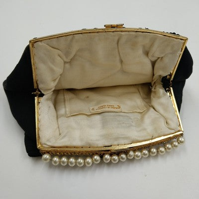 Black French Evening Clutch Bag Wrist Strap French Knot Embroidered Pearls 1930s