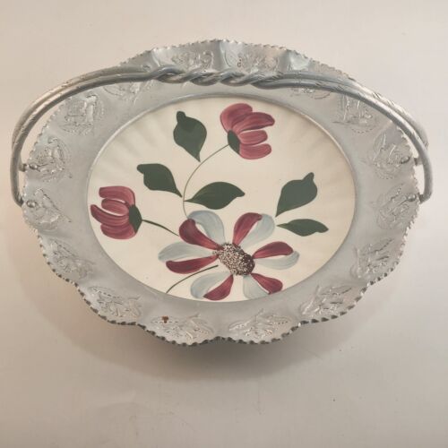 Blue Ridge Pottery Plate in Hammered Aluminum Basket Handle Vintage