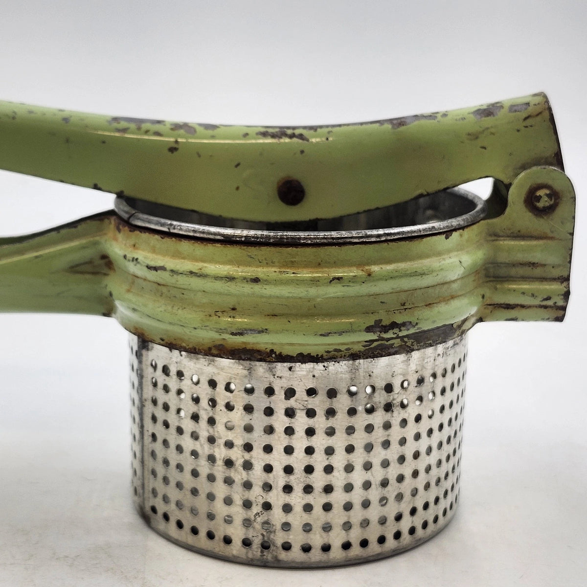 Green Metal Potato Ricer Masher Press 11.5 in Rustic Farmhouse Kitchen Vintage