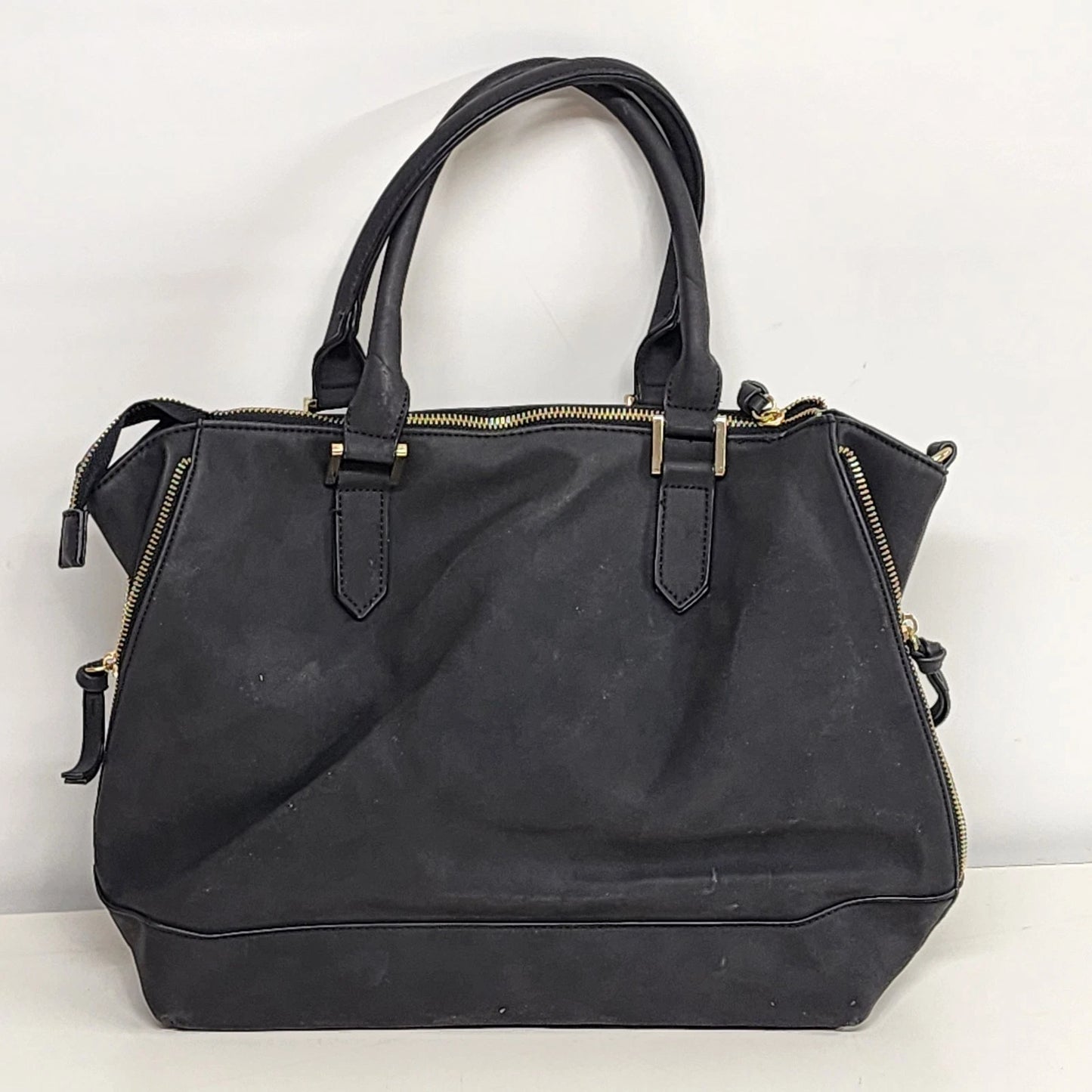 Massini Black Faux Leather Tote Handbag 16in Gold Tone Zipper