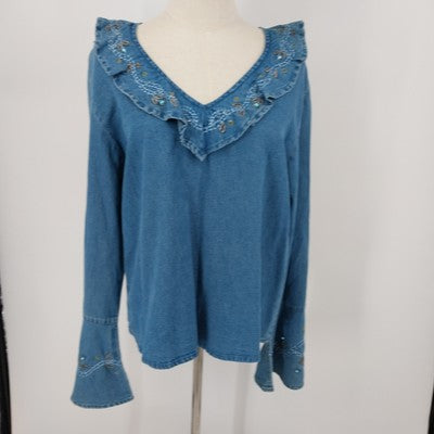 Tantrums Boho Embroidered Denim Shirt Bell Sleeves Pullover L 100% Cotton India