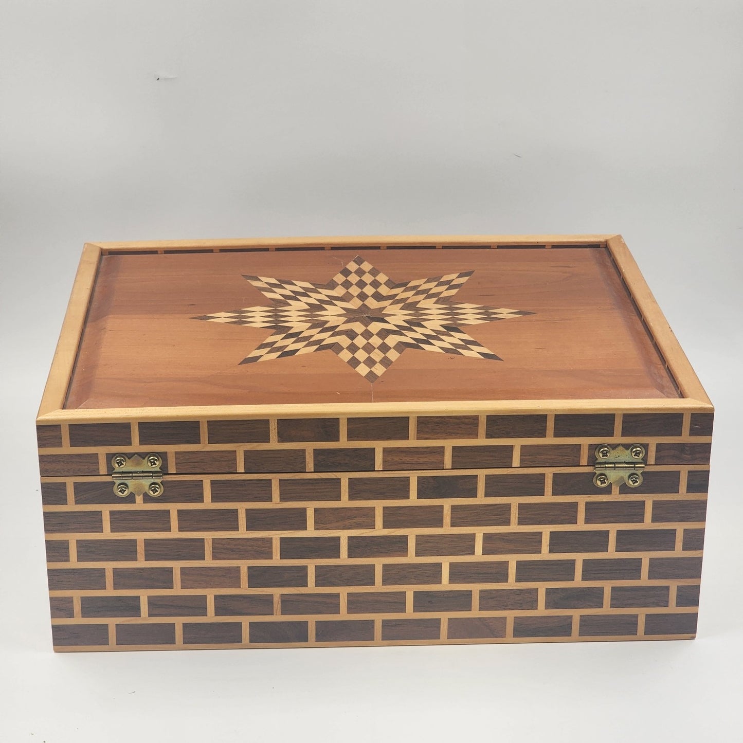 Thuya Moroccan Wood Large Jewelry Box – Handmade 17” Brick Design with Starburst Inlay Lid – Green Felt Lined – Artisan Keepsake Storage Chest