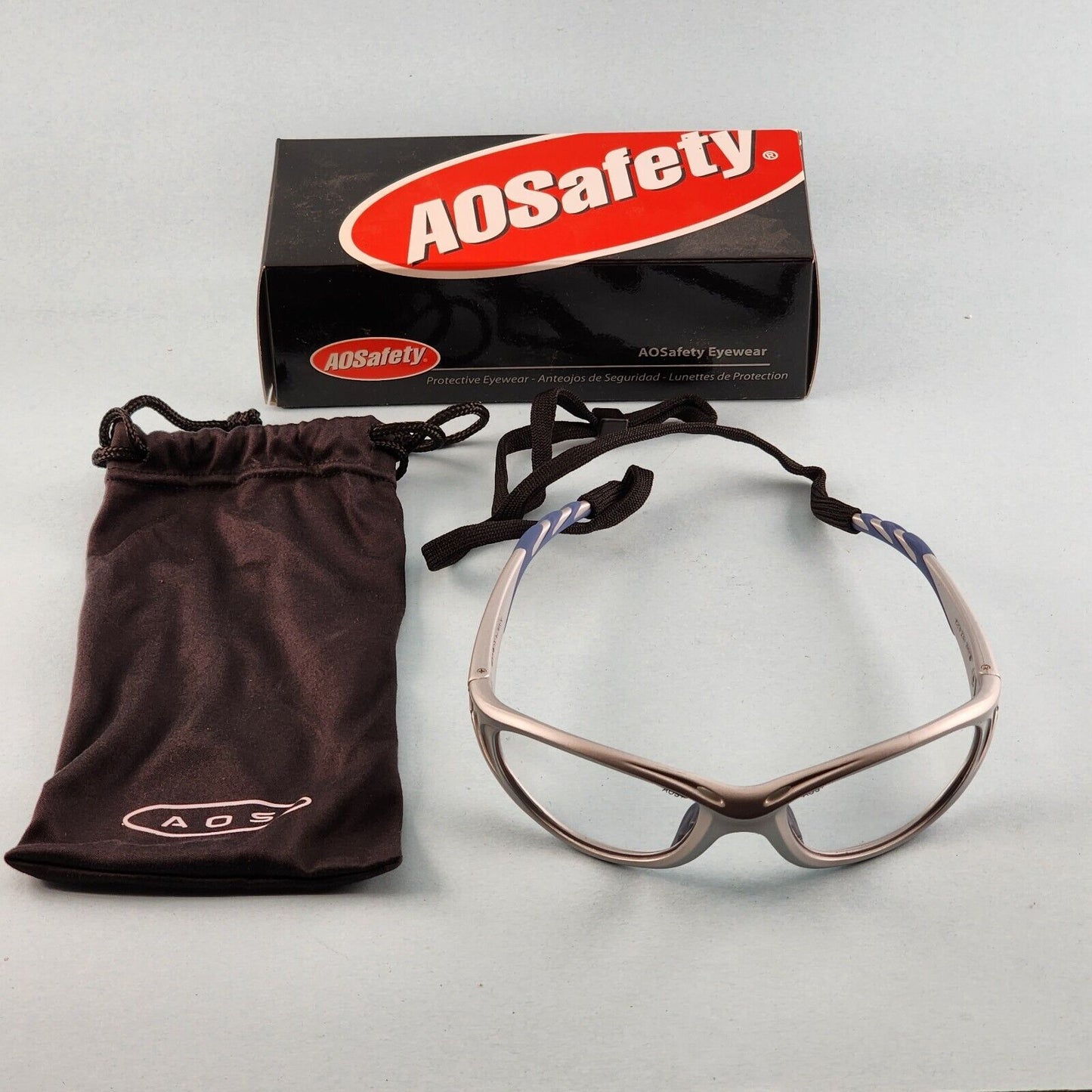 AOSafety Fuel II Protective Safety Glasses Clear Anti-Fog Lens w Retainer & Bag