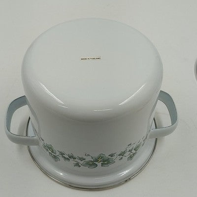 Corelle Coordinates Lincoware Callaway Enamel Mini Stock Pot with Glass Lid – 5" Vintage Green Ivy Design