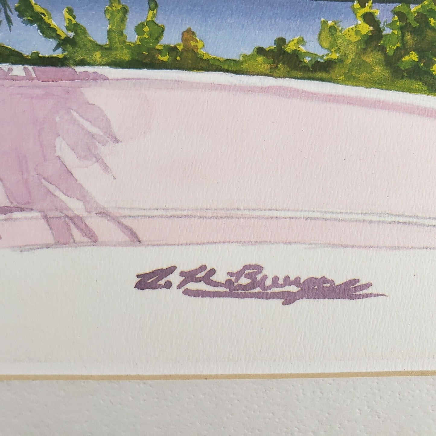 Watercolor Ocean Print 9x12 Signed Matted Beach Scene Pink Green
