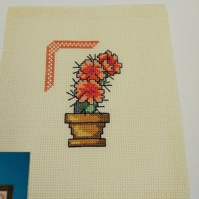 Set of 4 Completed Cross Stitch Desert Mini Vase Plants 6x7" Aida Cloth Unframed