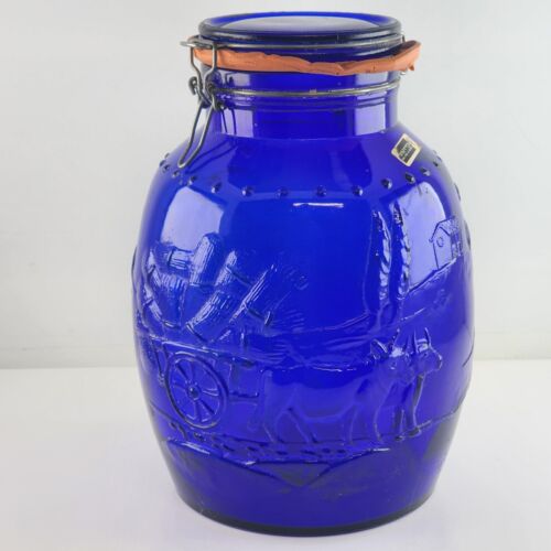 Rosenthal Netter Italian Cobalt Blue Large Round Mason Jar Farming Scene 10.5"