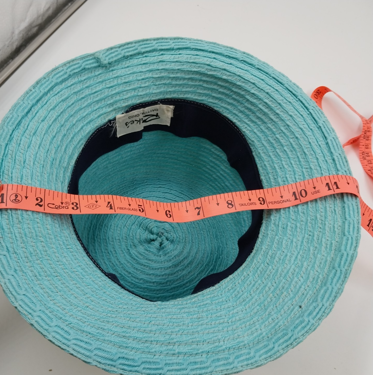 Rike's Light Blue Teal Woven Paper Straw Summer Hat with Black Ribbon Bow Accent