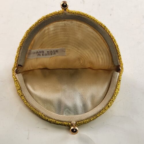 Black Cat Glass Beaded Coin Purse Korea Kiss Close Gold Beads Vintage 1960s 4"
