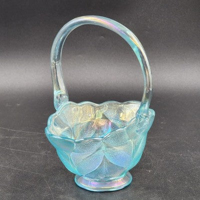 LE Smith Aqua Blue Stippled Glass Basket 6"w x 8.5" Applied Loose Handle AS IS