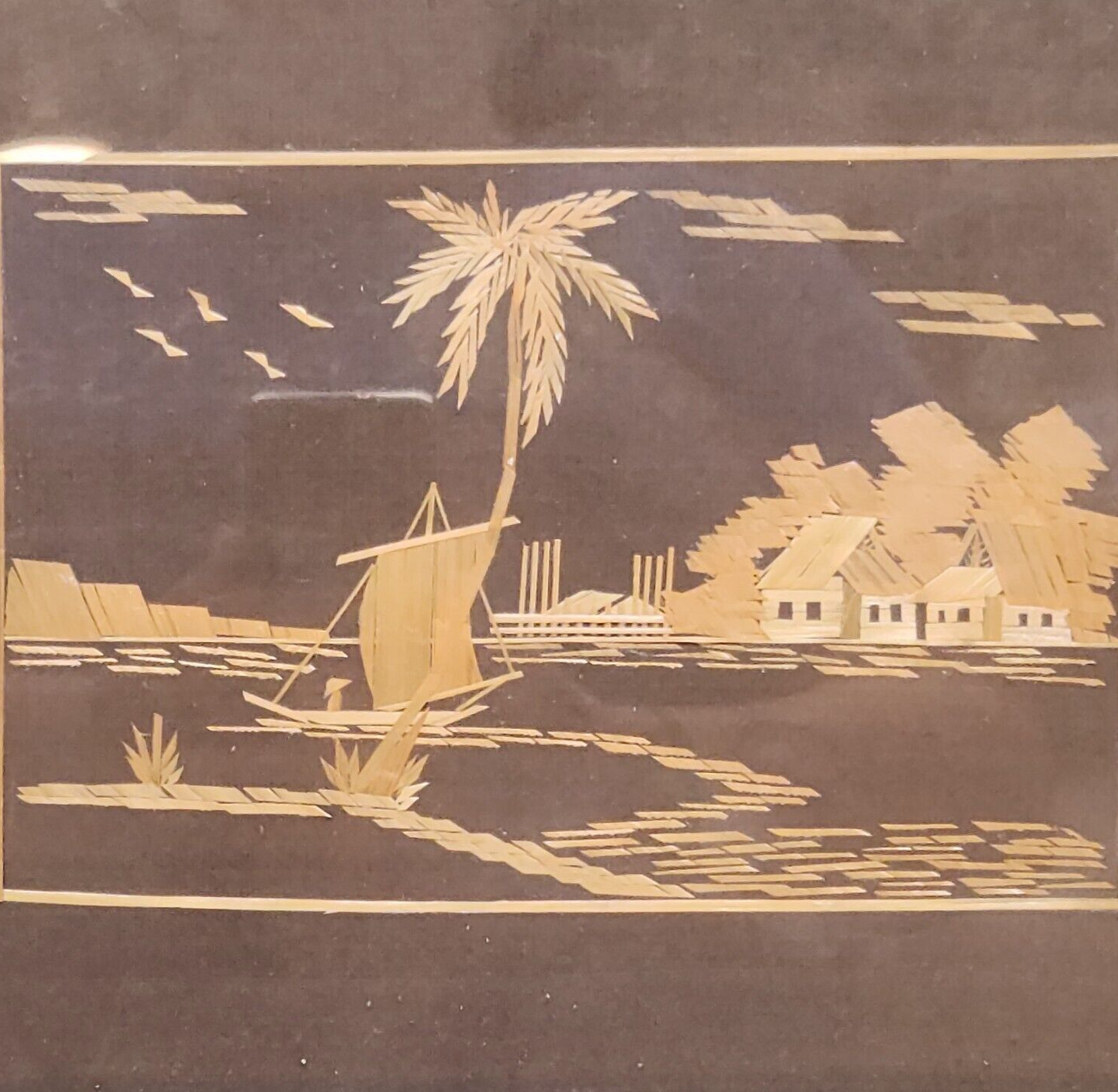 Asian Straw Art Picture Wall Decor Korean Waterway Scene Framed 1950's