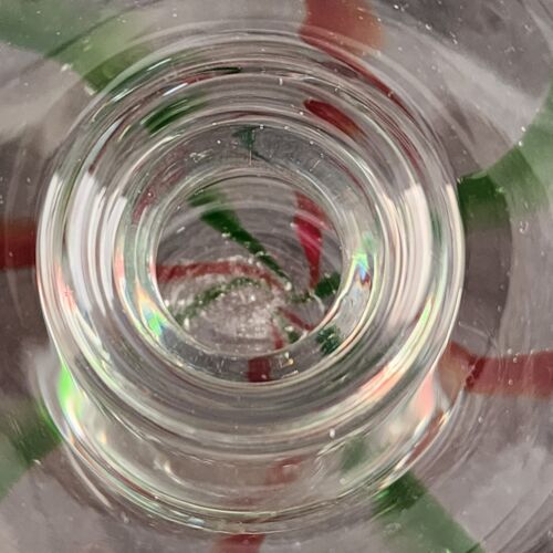 Hand Blown Clear Art Glass Pedestal Cake Plate Red Green Swirls