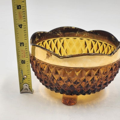 Indiana Glass Amber Diamond Point Three Foot Scalloped Gold Candy Dish Bowl 1970
