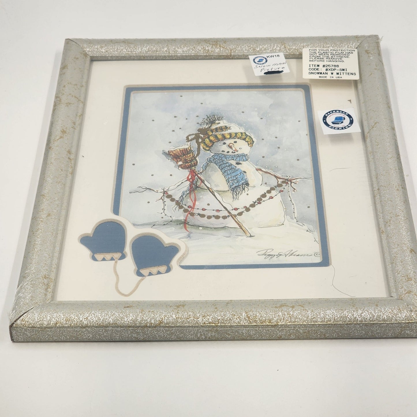 Peggy Abrams Framed Snowman Winter Art 8x10" White Frame Matting w Blue Mittens