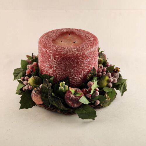 3-Wick Red Candle Centerpiece w/ Fruit Leaf Berry Wreath 6"x6" Decor
