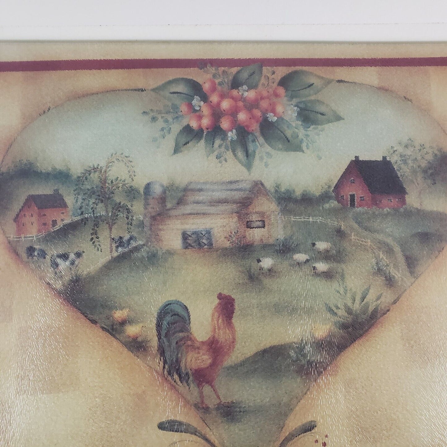 Tempered Glass Cutting Board Trivet FOLK ART Hearted Farm Scene 15"x12" Signed