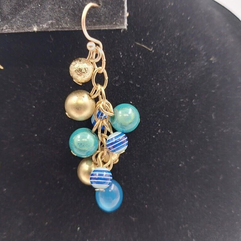 Catherines Gold Tone Blue Teal Faux Pearl Beads Dangle Earrings 2"