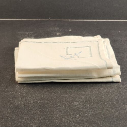 Vintage Set 4 White Blue Linen Napkins Tablecloth 10.5"x10.5" Square