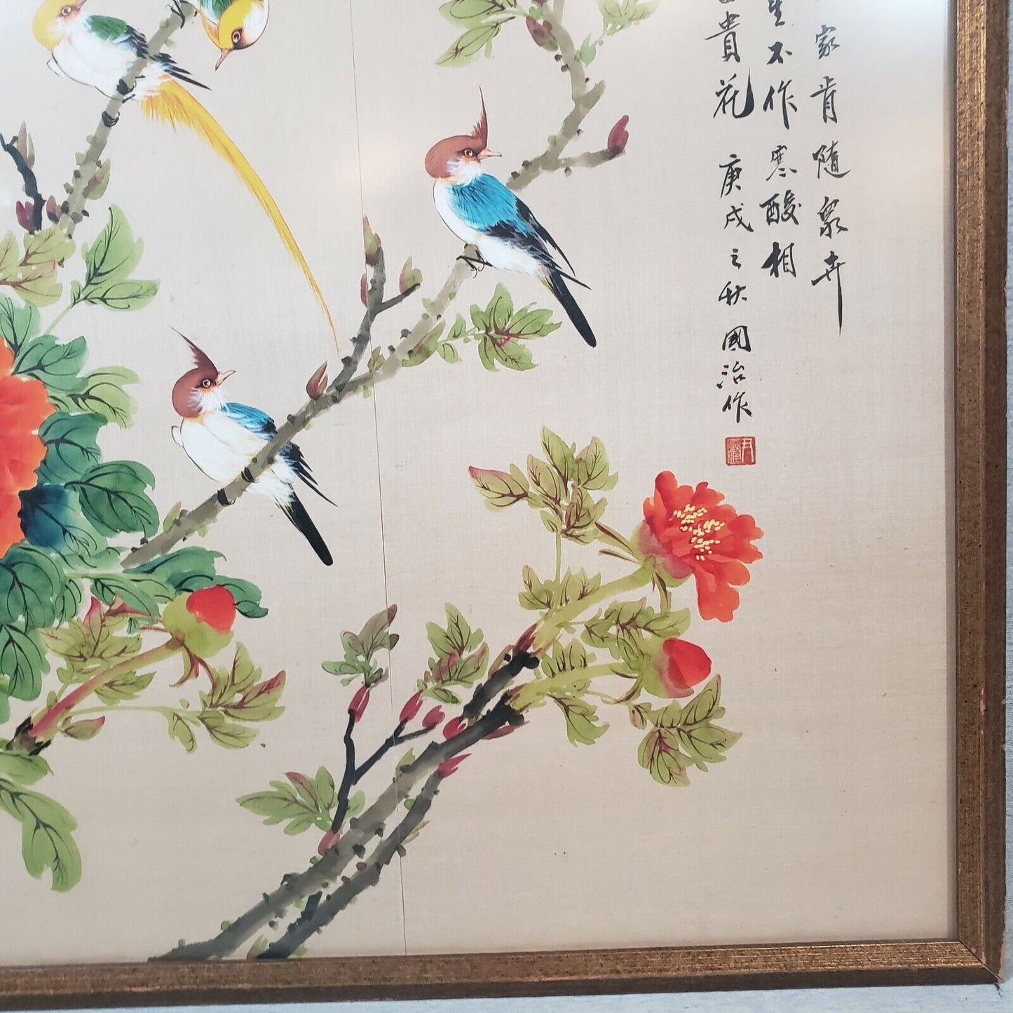 Chinese Wall Art Colorful Birds on Peony Bush with Chinese Prayer 31"x25"