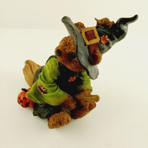 Witchie Bear Flying on her Broomstick Laughing Jack-O-Lantern Halloween Figurine
