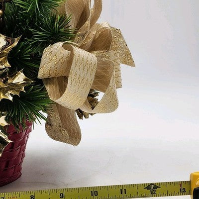 Floral Arrangement Christmas Basket Greenery Holly Red Basket 10" Gold Bow