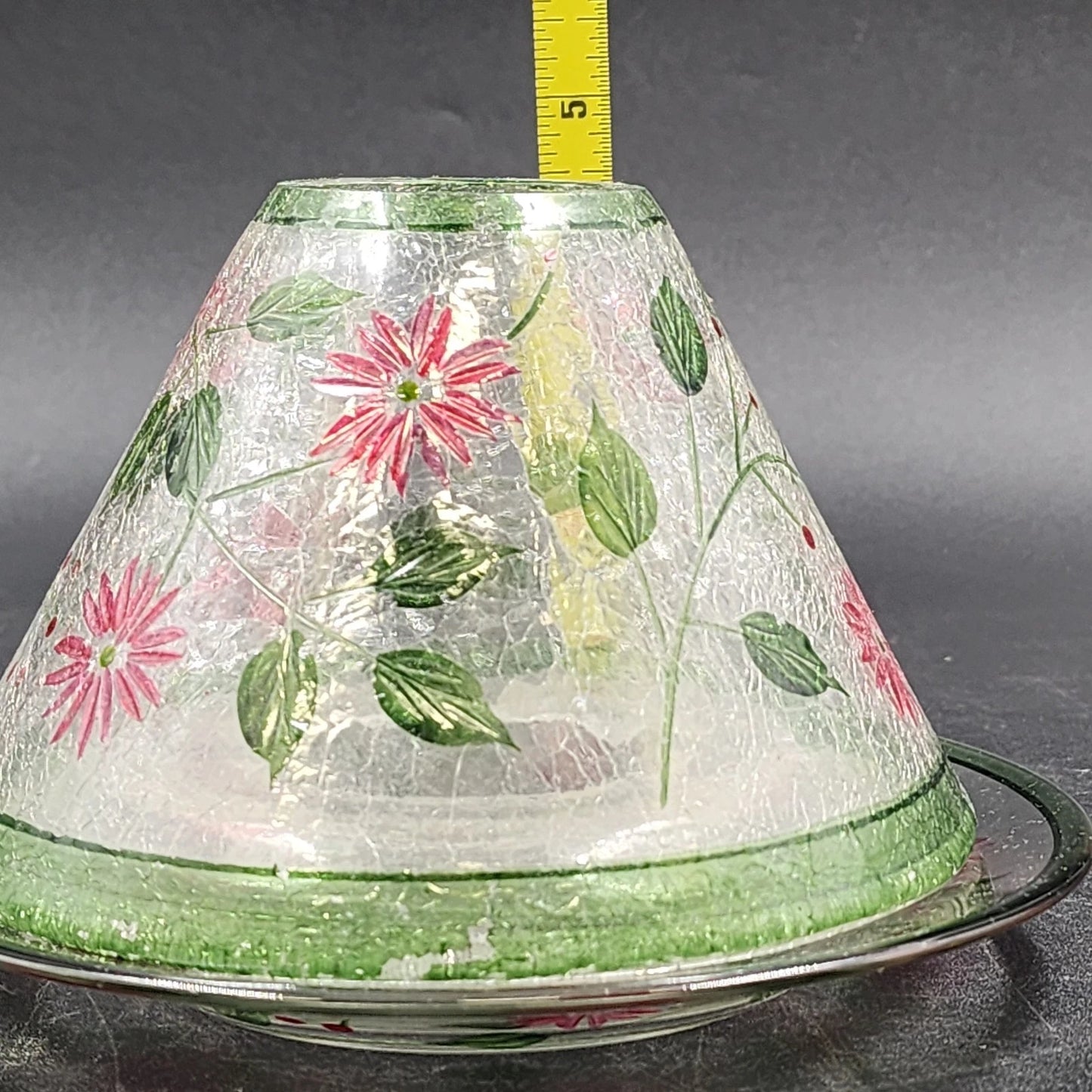 Yankee Candle Shade & Underplate Large Jar Crackle Glass Pink Flower Green Vines