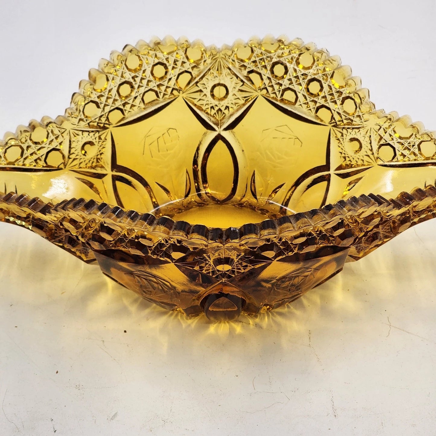 Kemple Amber Glass Napoleon Hat Banana Bowl 14.25" Wheatonware Console Dish