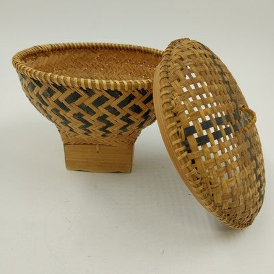 Brown Tan Handwoven Basket w/ Lid & Base 5" Home Decor Indonesia