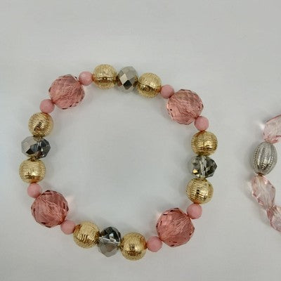 Set of 2 Bracelets Faux Pearl Silver Gold and Peach Tone Faceted Beads Stretch