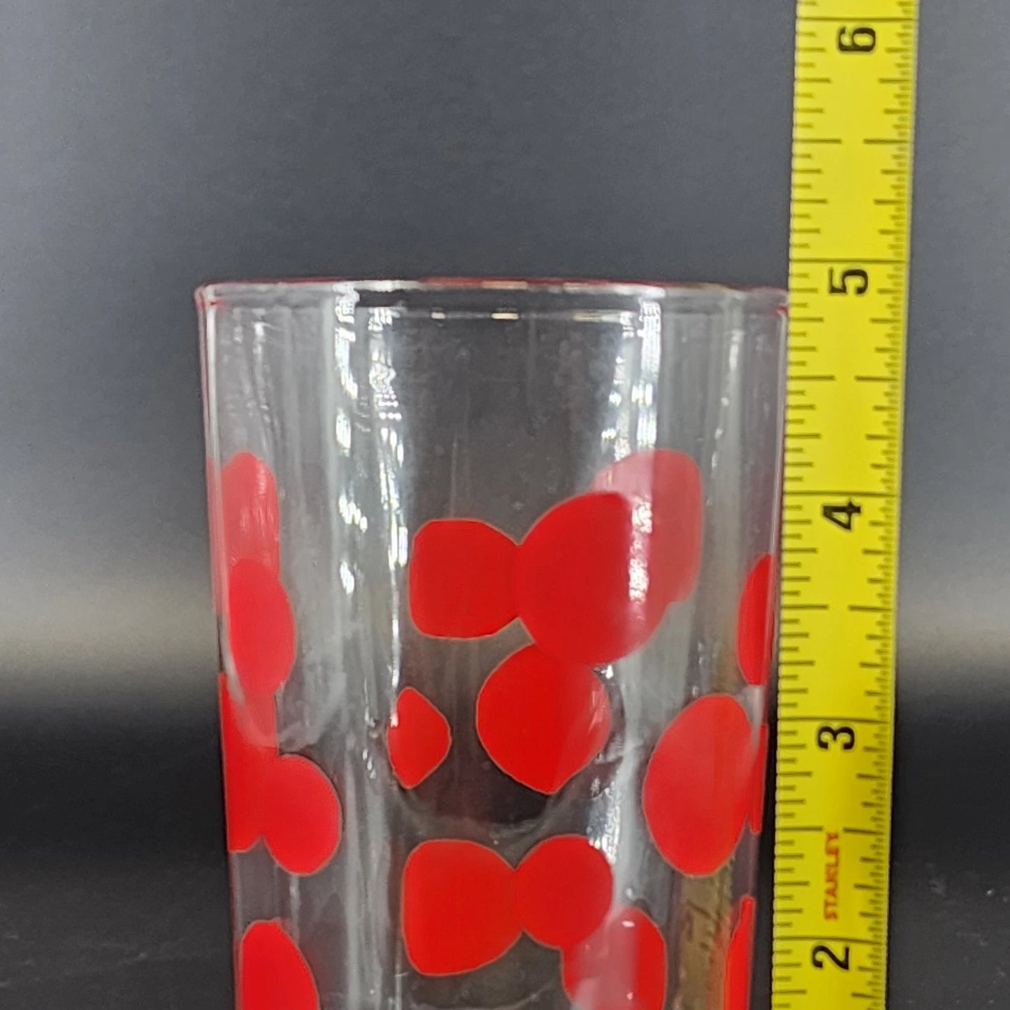 Red Polka Dot Glass Tumblers Set of 4 Clear Drinking Glasses 5" Tall 1960's Vtg