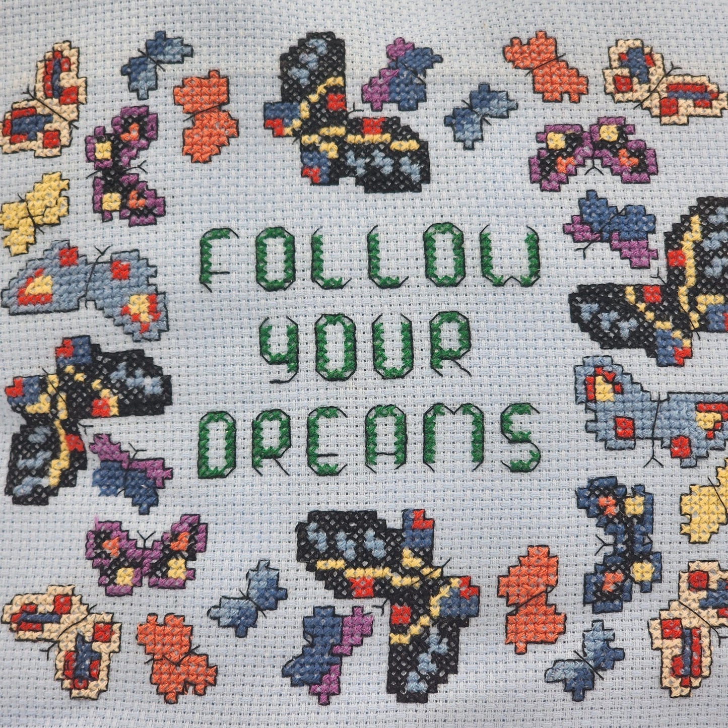 FOLLOW YOUR DREAMS Butterfly Needlepoint Colorful Throw Pillow 14” Square 1970's
