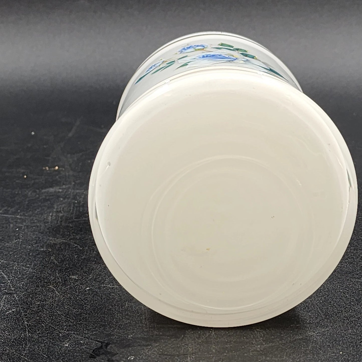 Apothecary Jar Blue Tea Rose in White Frosted Milk Glass with Gold Trim 9" x 4"d
