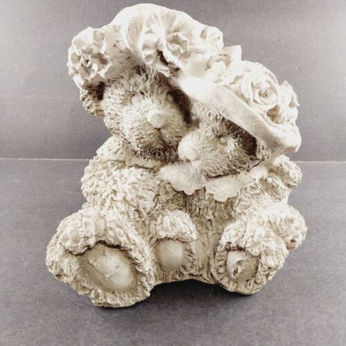 Mother and Baby Bears Wearing Hats Scarves Cuddling Concrete Sculpture 7"x7"x6"