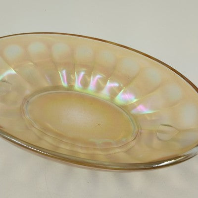 Jeannette Carnival Glass Iridescent Marigold Bowl Twin Clear Handle Large 10.5"