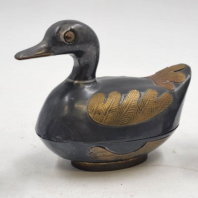 3 pcs Pewter & Brass Duck Family Large & Small Trinket Box Dish 1990s China