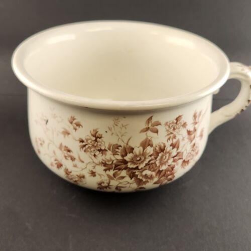 JHW & Sons Semi Porcelain Pottery Chamber Pot Brown Flowers Hanley England 9"x5"