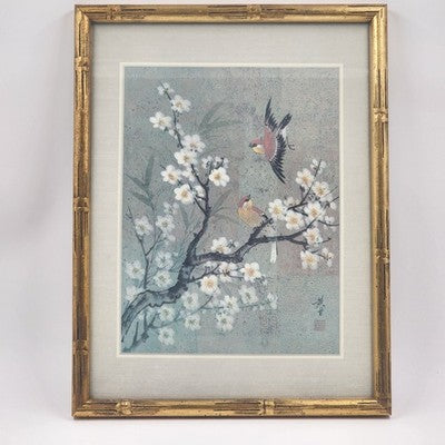 Birds Cherry Blossoms Chinese Silk Print Bamboo Framed Matted 13" x 17"
