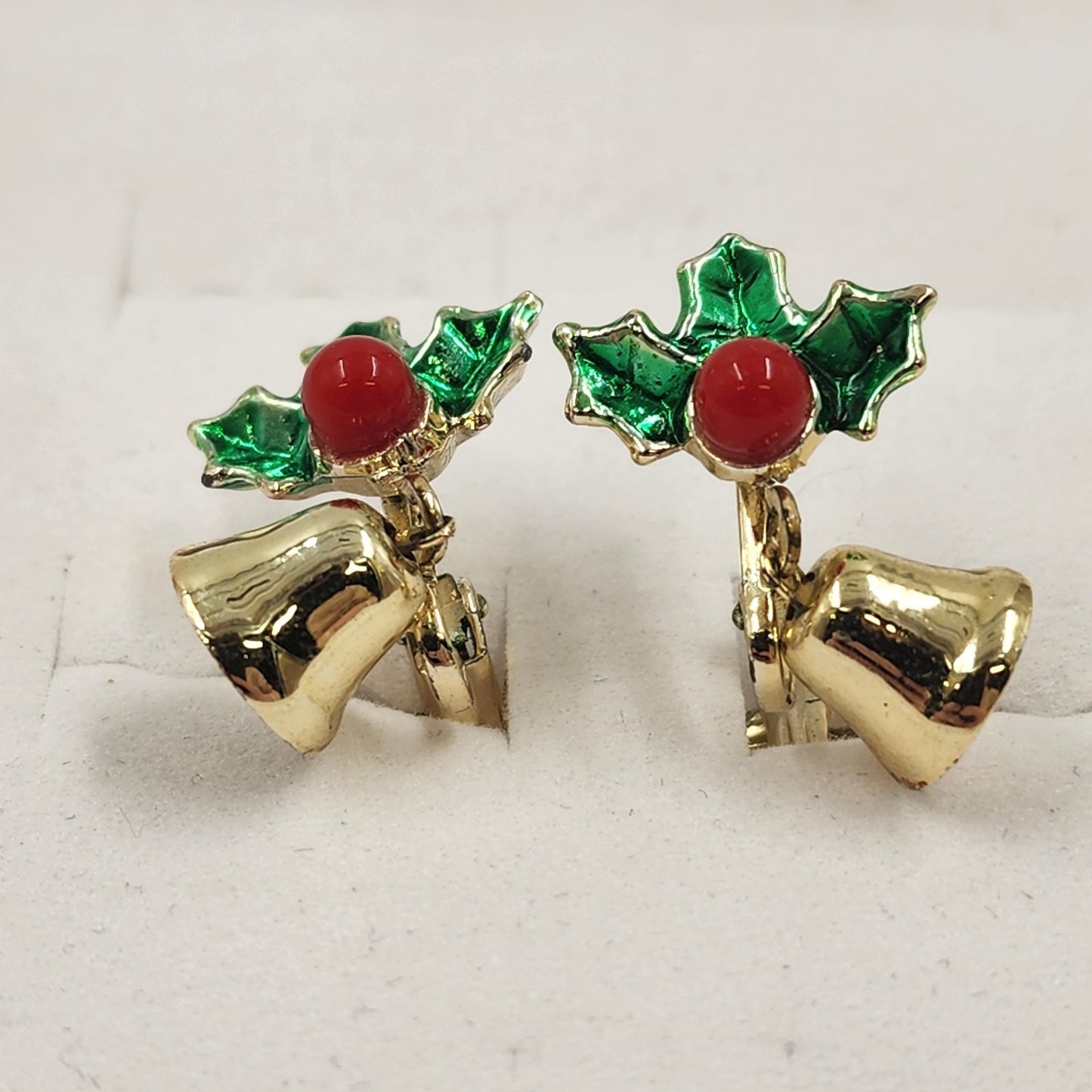 Gold Tone Holly & Bell Clip Earrings Vintage Christmas Fashion Jewelry 0.75"