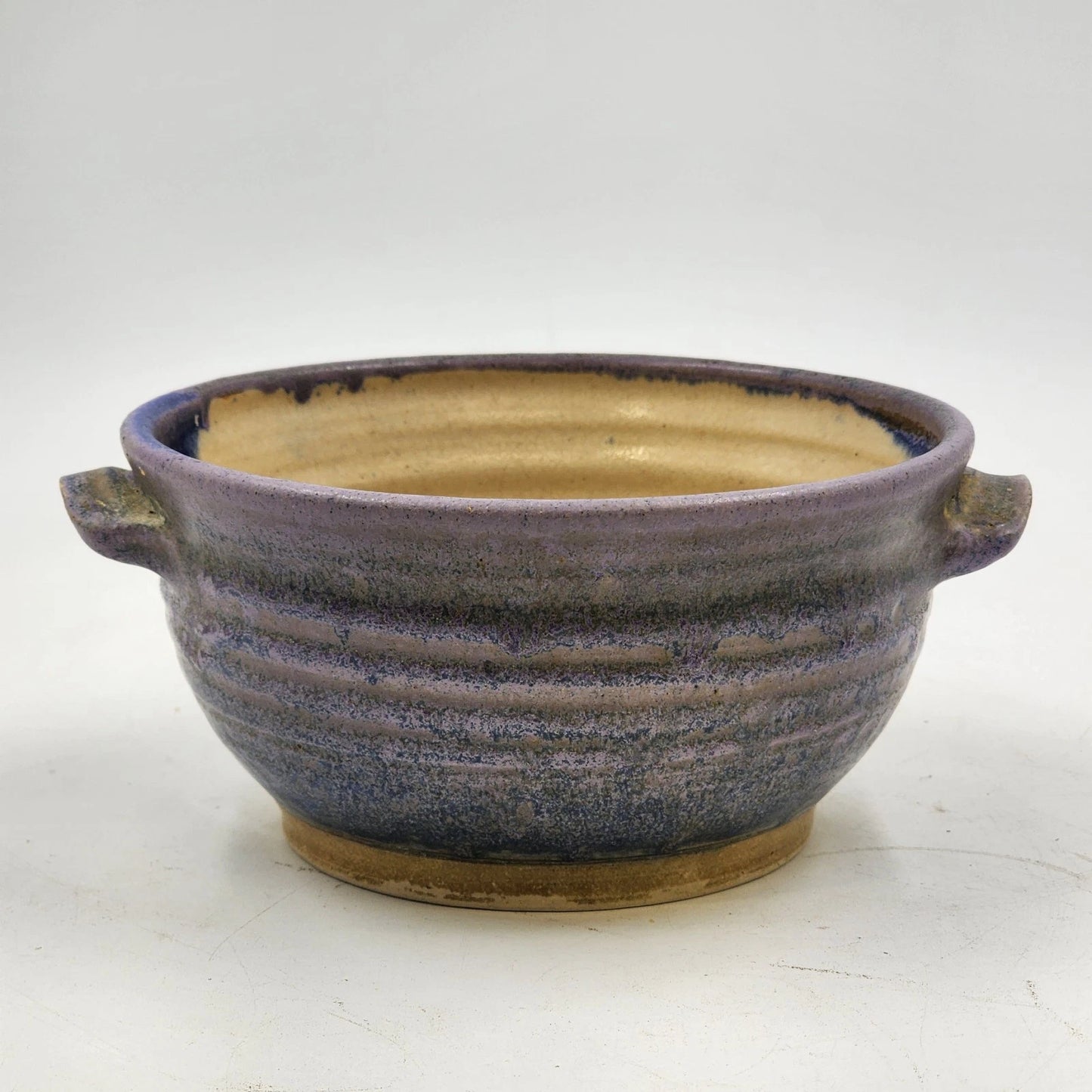 Handmade Pottery Bowl Art Studio Blue Purple Outer Yellow Inner Handled Signed