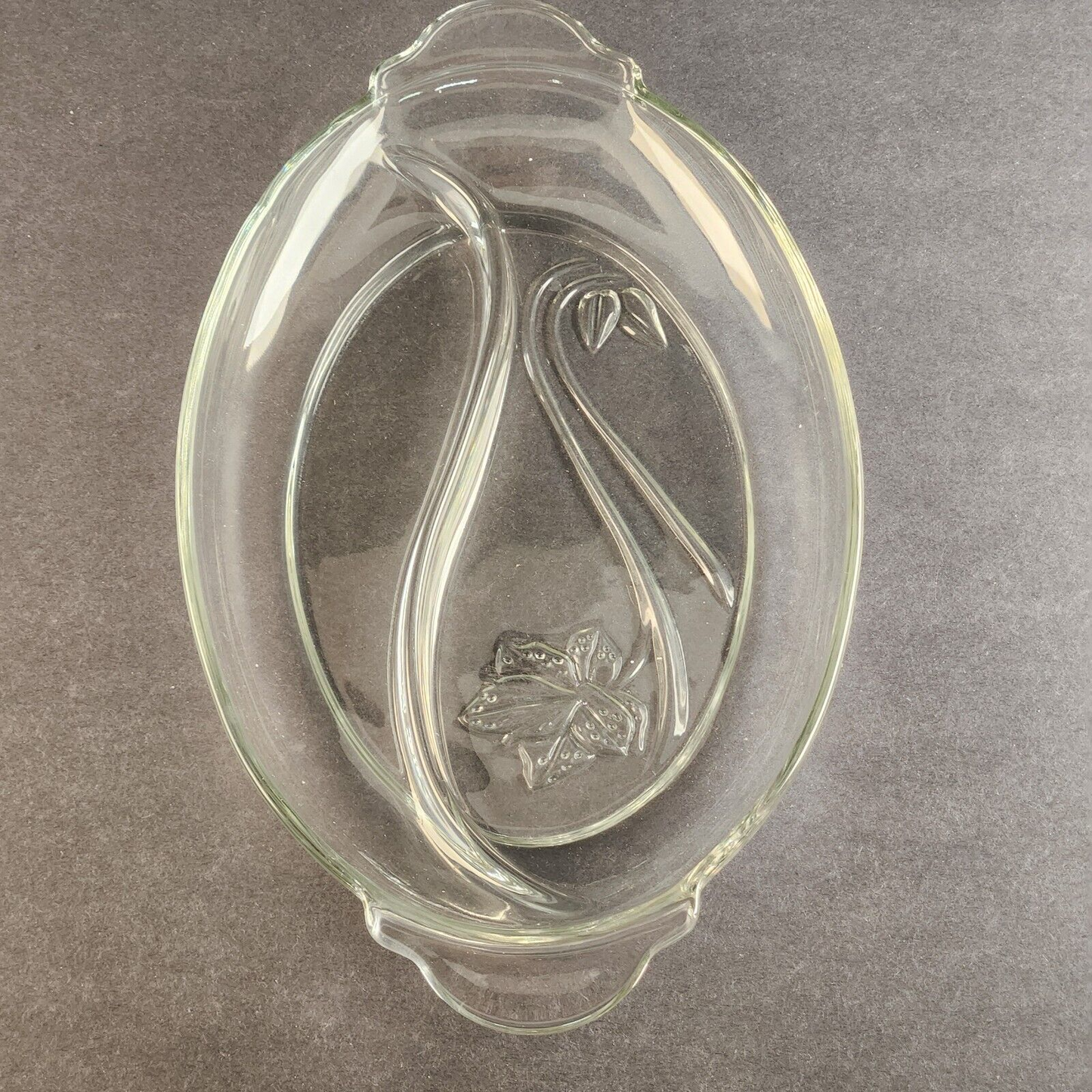 13" Oval 2 Section Relish Dish Clear Glass Frosted Leaf Anchor Hocking Vintage